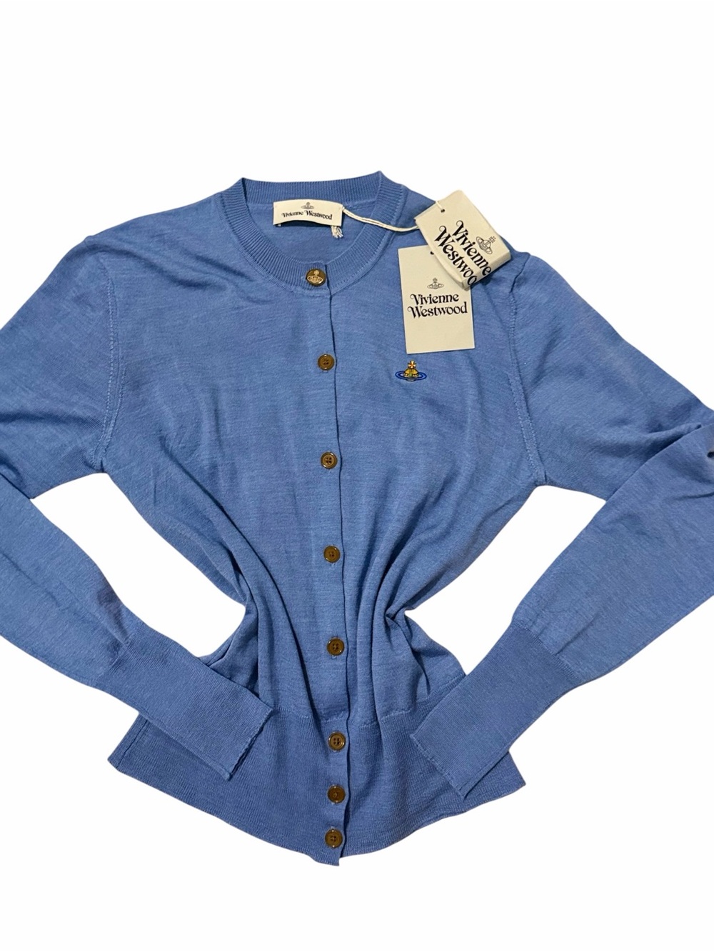 NWT Vivienne Westwood Bea Cardigan Blue Wool Silk Orb Logo Size Large #049